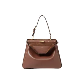 FENDI Peekaboo Calfskin Shoulder Bag Medium Size Women's Brown