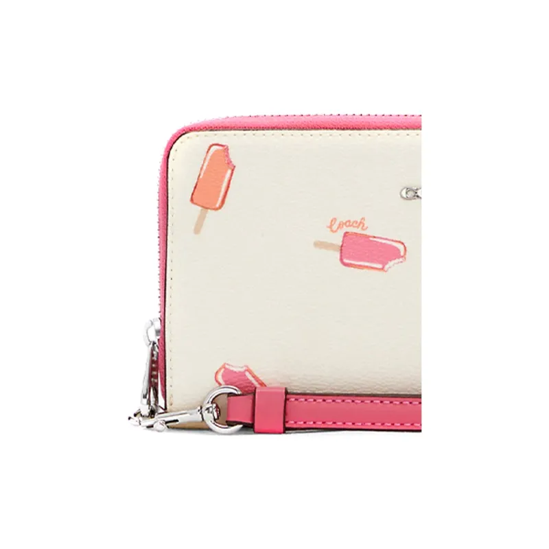 COACH Zip Around Coated Canvas And Smooth Leather Clutches Wallets Women's White/Pink-3