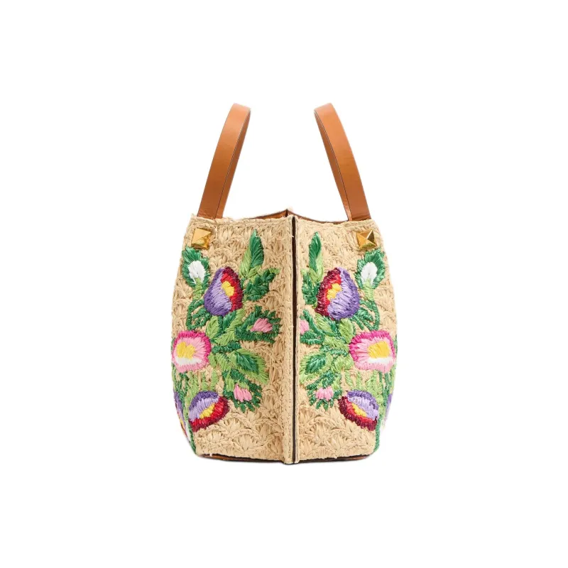Valentino Embroidery Tote Bag Shopping Bag Shoulder Bag Handbag Medium Size Women's Beige-3