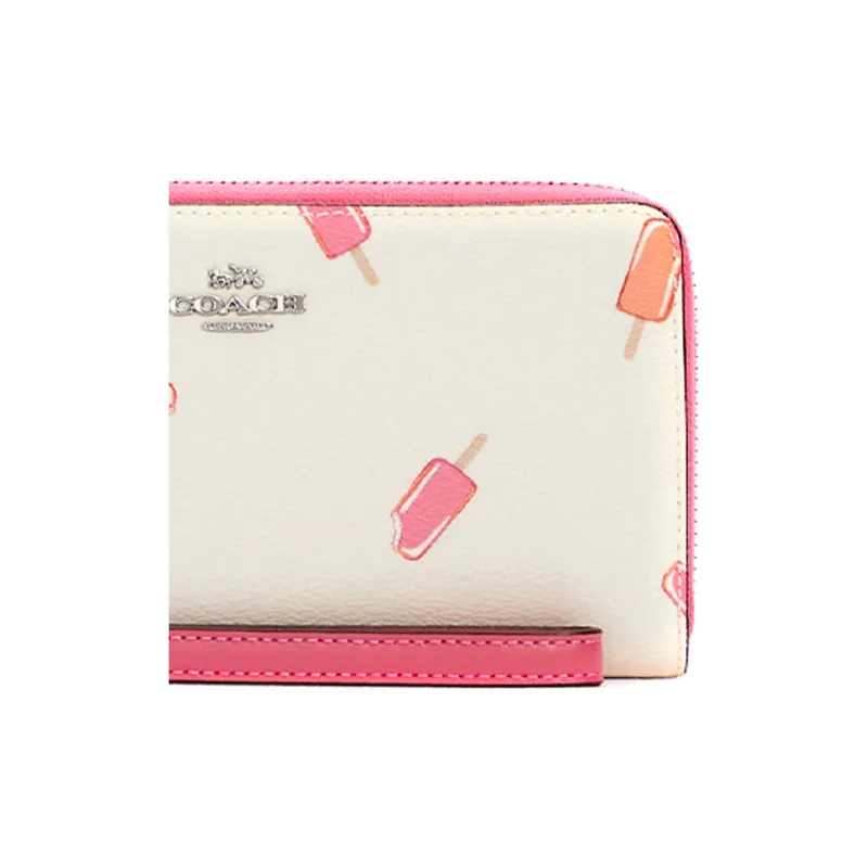 COACH Zip Around Coated Canvas And Smooth Leather Clutches Wallets Women's White/Pink-4