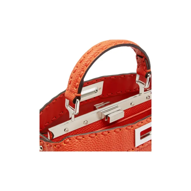 FENDI Peekaboo ISeeUSelleria Leather One Shoulder Handbag Small Size Women's Orange-4