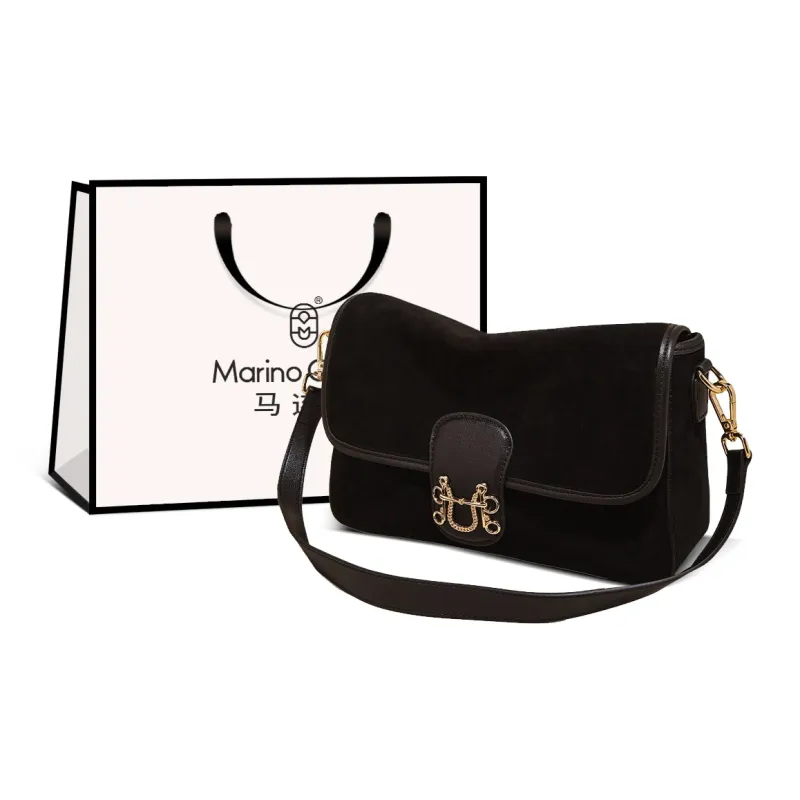 Marino Orlandi Cow Split Leather Bonded Synthetic Leather Shoulder Bag Medium Size Women's Black/Brown-0