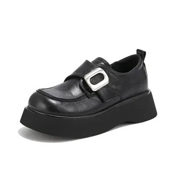 La Chapelle Fashionable 5cm Chunky Heel Platform Small Leather Shoes Casual Single Shoes Women's Black
