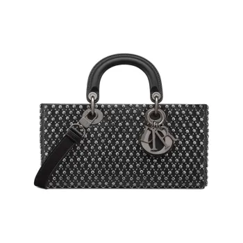 DIOR Lady D JOY Cow Leather One Shoulder Handbag Medium Size Women's Black