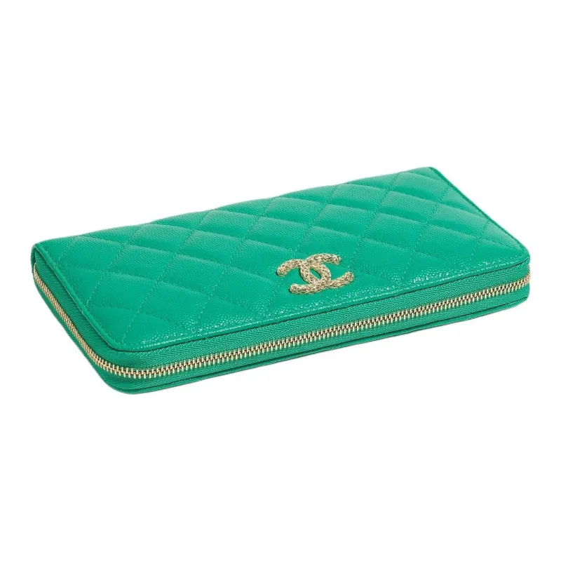 CHANEL Caviar Cow Leather Wallet Women's Green-5