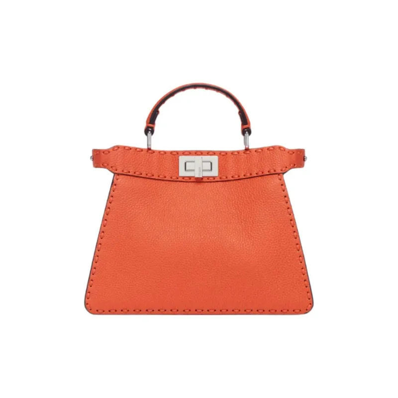 FENDI Peekaboo ISeeUSelleria Leather One Shoulder Handbag Small Size Women's Orange-0