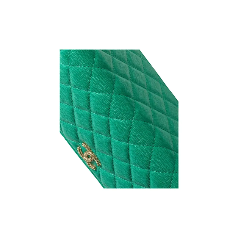 CHANEL Caviar Cow Leather Wallet Women's Green-4