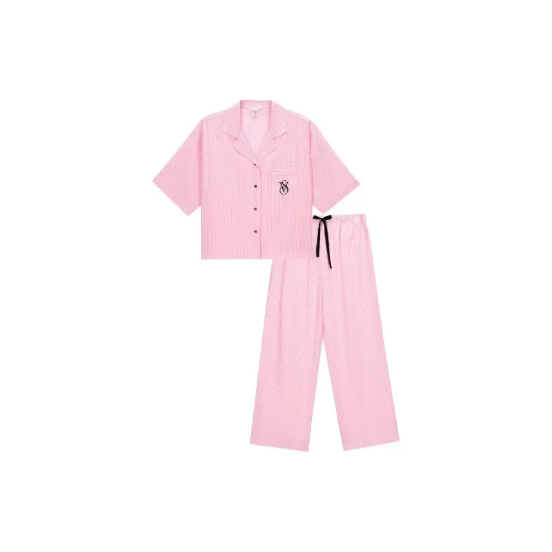 Victoria's Secret Pajama Set Women's Pink White Stripes-0