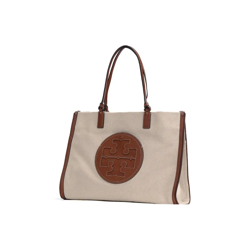 TORY BURCH Ella Canvas With Leather Tote Bag Shopping Bag Handbag Shoulder Bag Women's Classic Original Brown-1