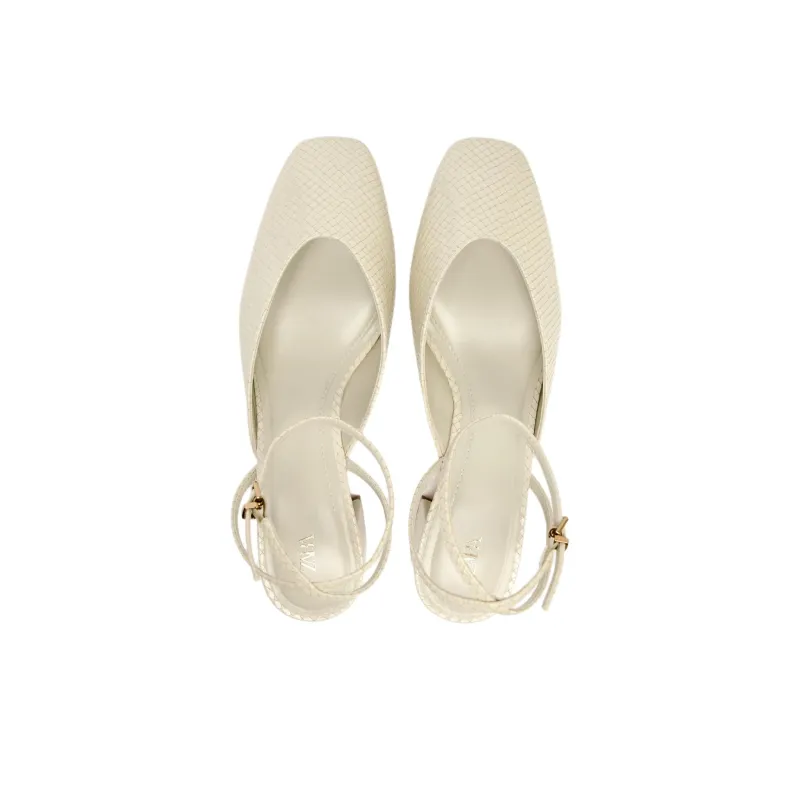 ZARA Chunky Heel High Heels Women's Beige-3