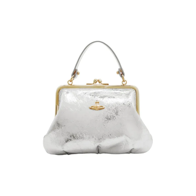 Vivienne Westwood Granny Frame Leather One Shoulder Handbags Women's Silver-0