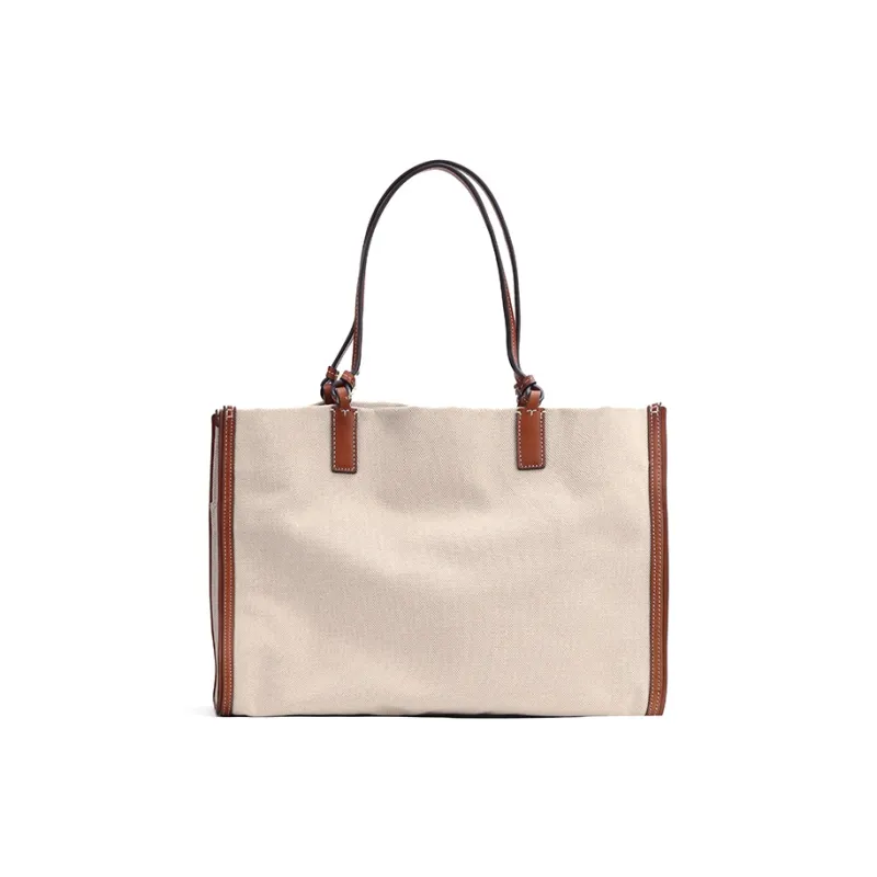 TORY BURCH Ella Canvas With Leather Tote Bag Shopping Bag Handbag Shoulder Bag Women's Classic Original Brown-2