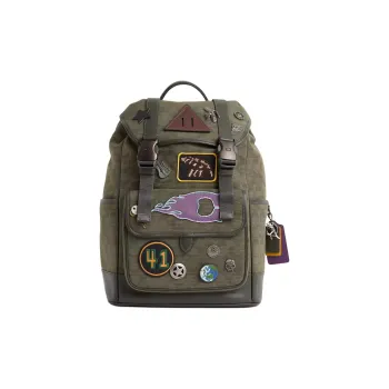 COACH Flap Canvas With Leather Backpack Large Size Unisex Army Green