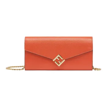 FENDI FF Diamonds Series Cow Leather Shoulder Bag Wallet Women's Orange