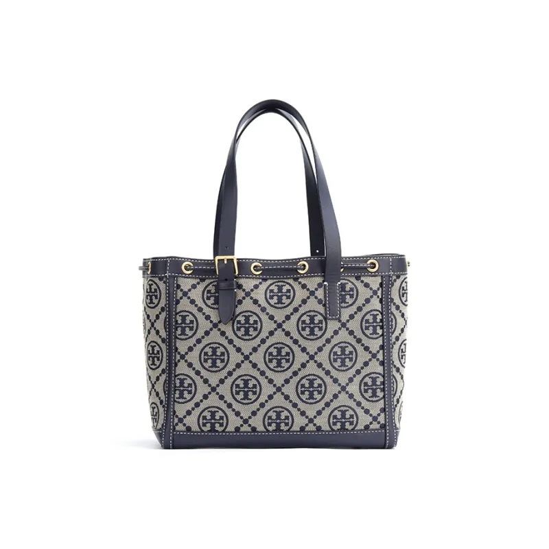TORY BURCH T Monogram Woven Jacquard With Leather Bucket One Shoulder Handbag Small Size Women's Marine Blue-2