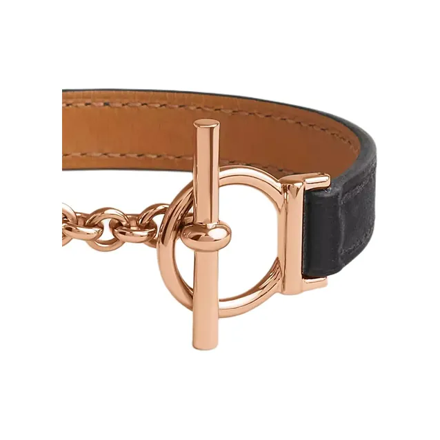 HERMES Calfskin, Rose Gold Plated Metal Bangles Women's Black-2