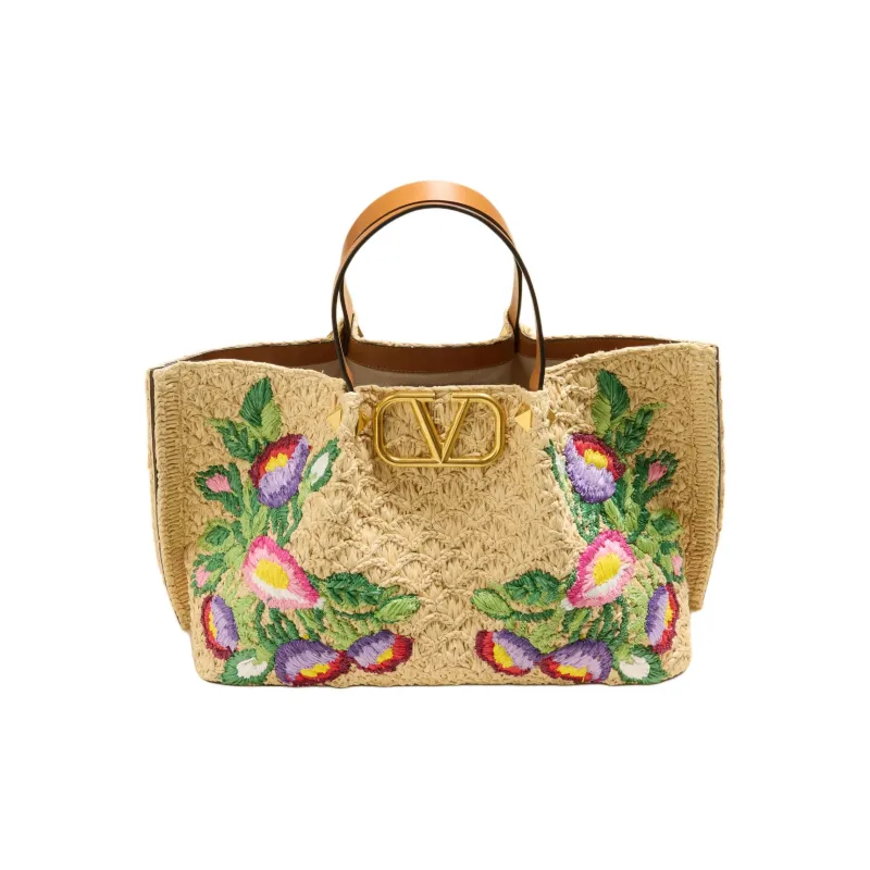Valentino Embroidery Tote Bag Shopping Bag Shoulder Bag Handbag Medium Size Women's Beige-1