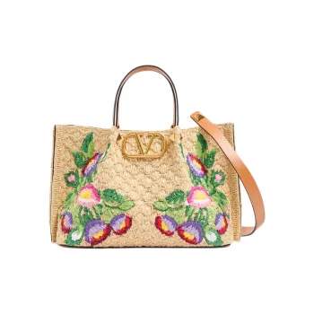 Valentino Embroidery Tote Bag Shopping Bag Shoulder Bag Handbag Medium Size Women's Beige