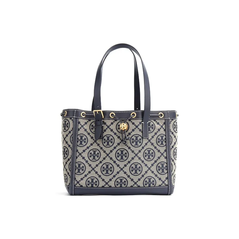 TORY BURCH T Monogram Woven Jacquard With Leather Bucket One Shoulder Handbag Small Size Women's Marine Blue-0