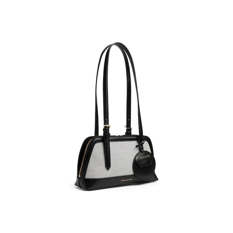 CHARLES&KEITH PU, Textile Mixture Shoulder Bag Medium Size Women's Chocolate/Black-6