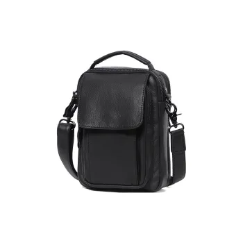 LARTIGENT Top Grain Cow Leather Casual Crossbody Bag One Shoulder Cell Phone Pouch Handbag Regular Men's Black