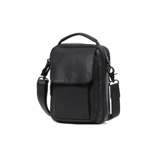 LARTIGENT Top Grain Cow Leather Casual Crossbody Bag One Shoulder Cell Phone Pouch Handbag Regular Men's Black