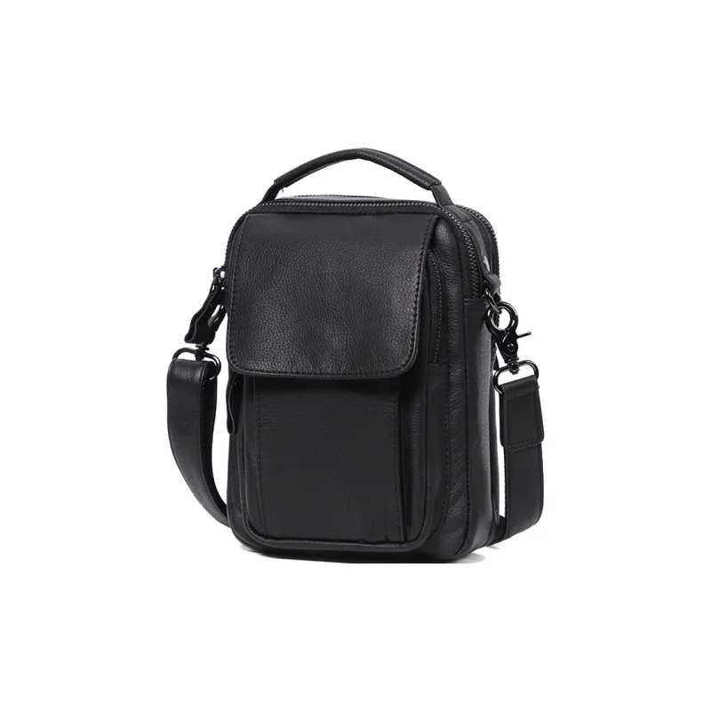 LARTIGENT Top Grain Cow Leather Casual Crossbody Bag One Shoulder Cell Phone Pouch Handbag Regular Men's Black-0