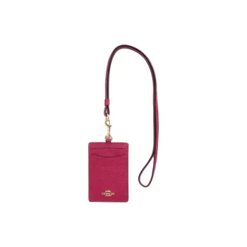 COACH Lanyard Cross-Stitch Leather Card Holder Women's Gold & Bright Cherry Color
