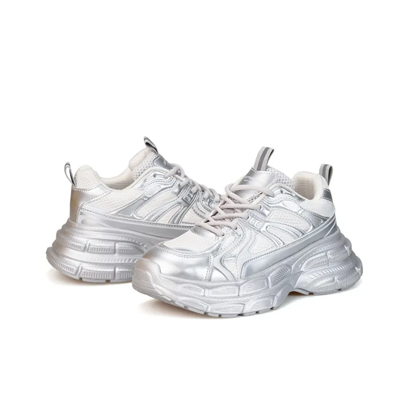 Joy&Mario Height Increasing Slip-Resistant Low-Top Chunky Sneakers Women's Silver-3