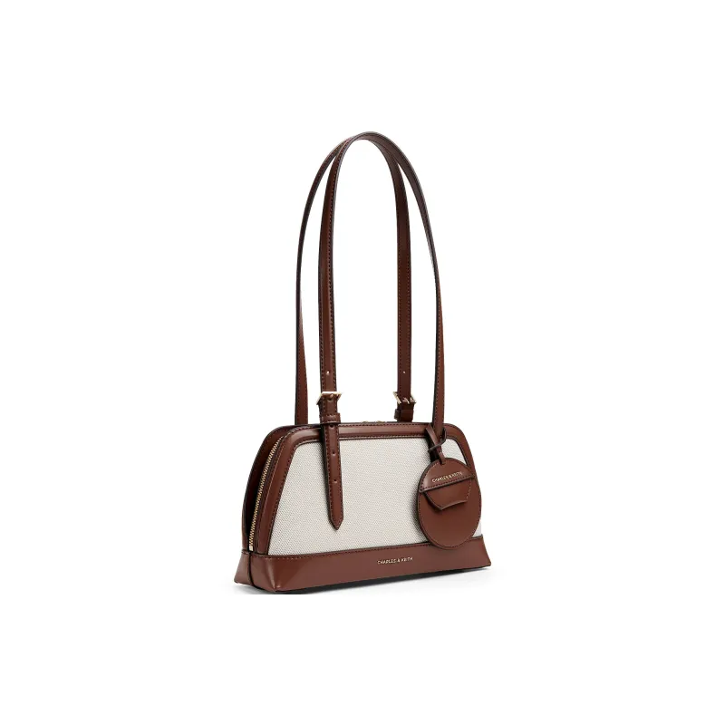 CHARLES&KEITH PU, Textile Mixture Shoulder Bag Medium Size Women's Chocolate/Black-1