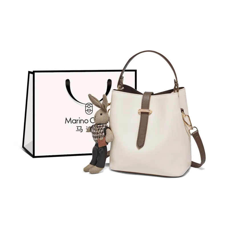Marino Orlandi Cow Split Leather Shoulder Bag, Basket Bag, Bucket Bag, One Shoulder Handbag Women's White/Coffee-0