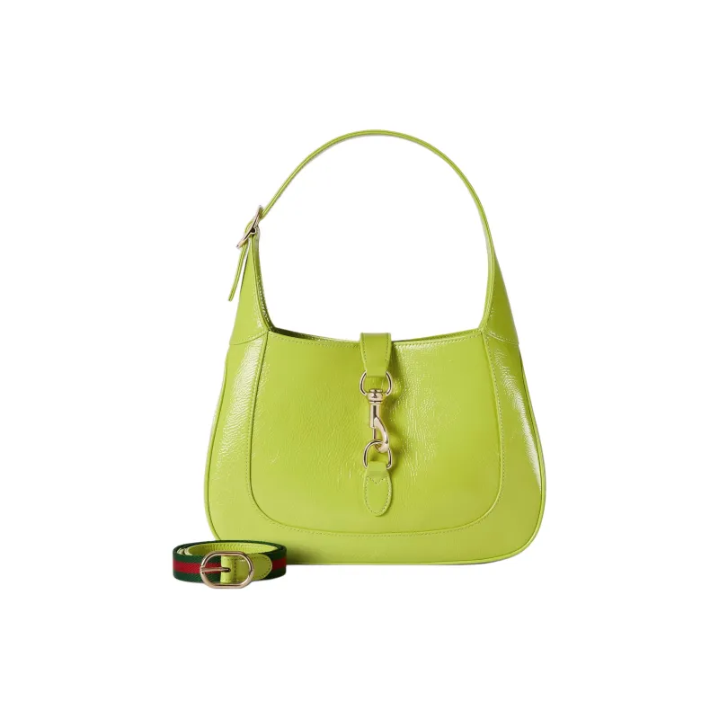 GUCCI Jackie 1961 Patent Leather Handbag, Shoulder Bag Trumpets Women's Bright Green-1