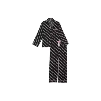 Victoria's Secret Flannel Long Pajama Set / Black Ribbon Script Pajama Set Women's Black