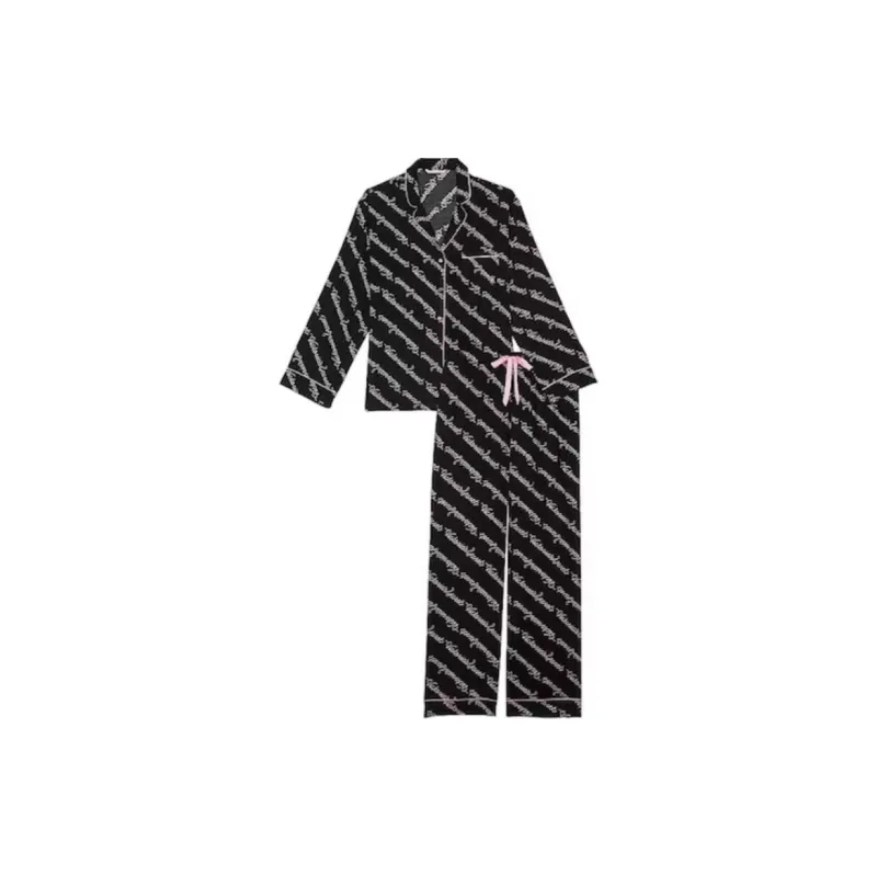 Victoria's Secret Flannel Long Pajama Set / Black Ribbon Script Pajama Set Women's Black-0