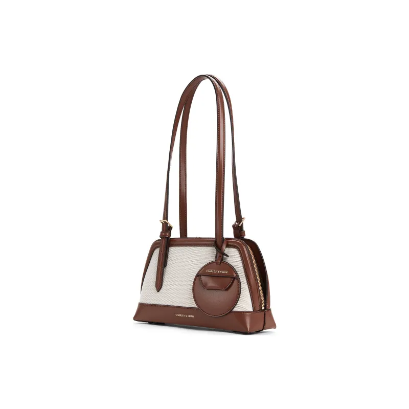 CHARLES&KEITH PU, Textile Mixture Shoulder Bag Medium Size Women's Chocolate/Black-2