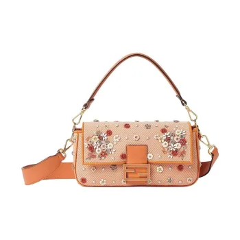 FENDI Denim Shoulder Bag Crossbody Bag Handbag Medium Size Women's Orange