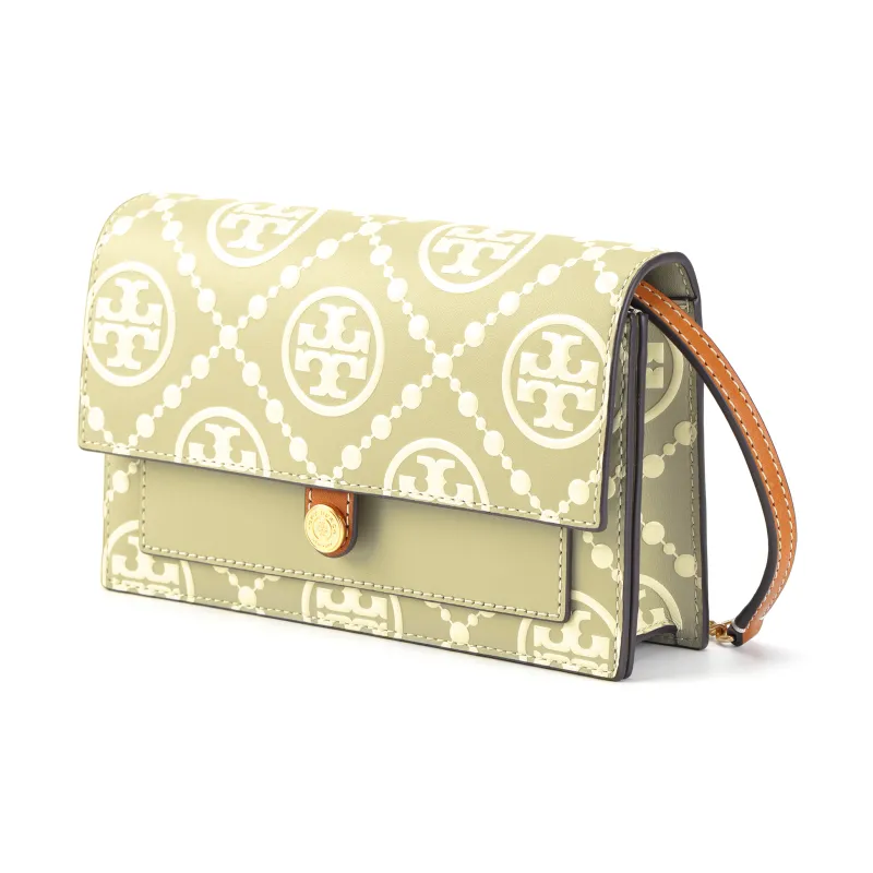 TORY BURCH T Monogram Embossed Leather Shoulder Bag Crossbody Bag Wallet Women's Olive Green-1