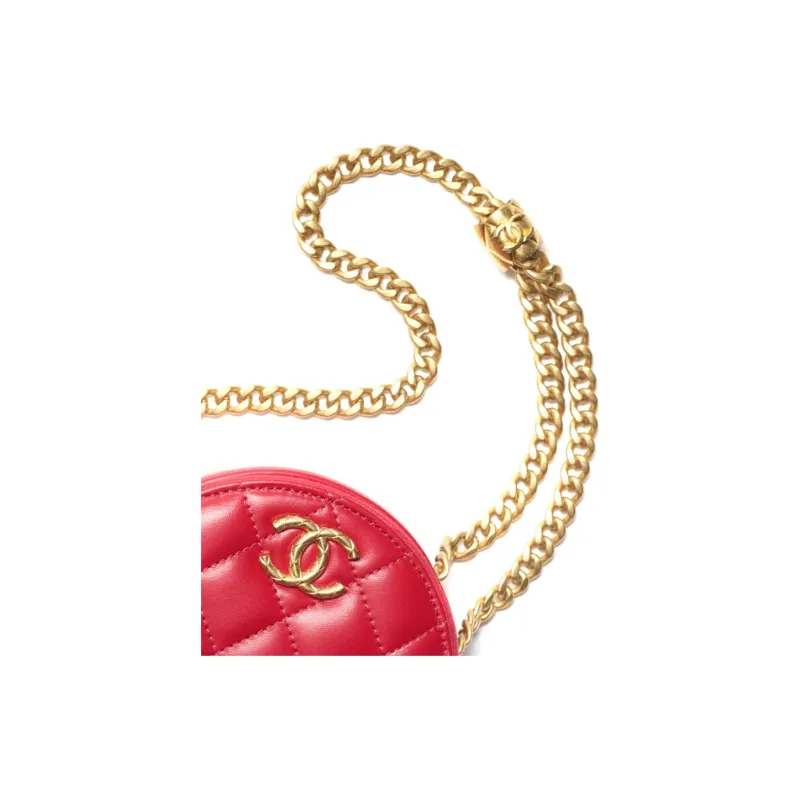 CHANEL 22K Autumn And Winter Sheepskin Evening Bag, Round Bag, One Shoulder Crossbody Clutch Regular Women's Red-4
