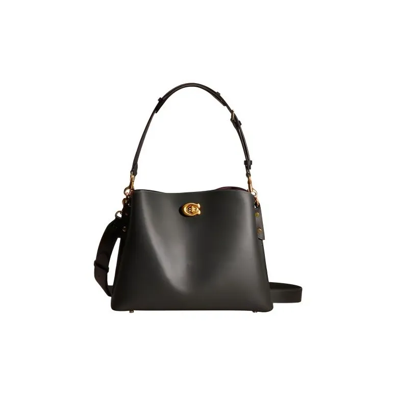 COACH Willow Knob Solid Color Polished Pebble Pattern Leather Handbag, Shoulder Bag, Crossbody Bag Tubas Women's Black-0