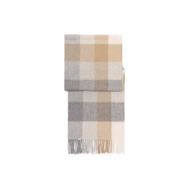 Shanghai Story 100% Cashmere Knit Scarves Unisex Beige And Orange Check Gift Box Set-66