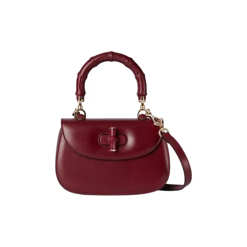 GUCCI Bamboo 1947 Soft Leather Shoulder Bag Crossbody Bag Handbag Small Size Women's Red