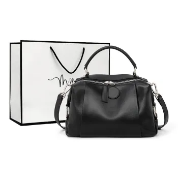 MILLIE'S Cow Leather Shoulder Bag, Crossbody Bag, Boston Pillow Bag Regular Women's Black/Ebony Coffee