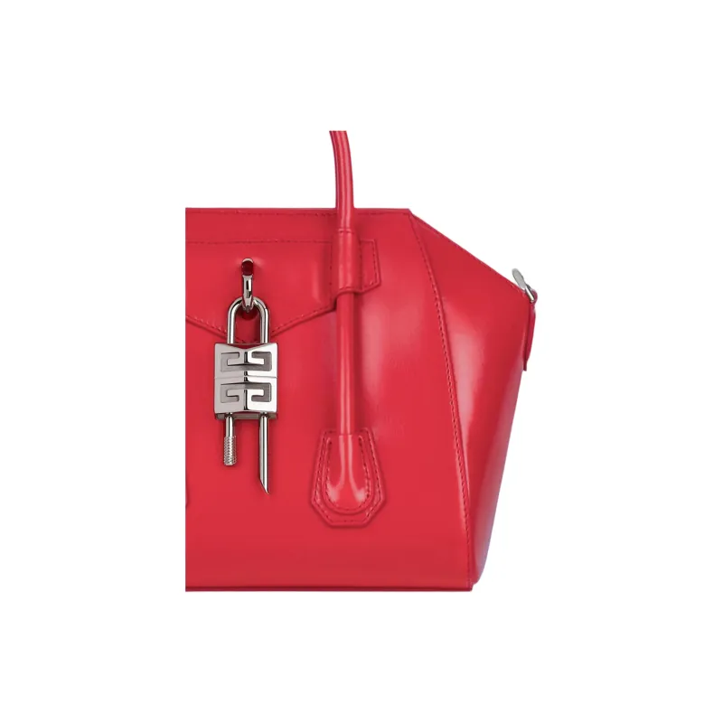 Givenchy Antigona Lock Calfskin Leather One Shoulder Handbag Mini Women's Red-4