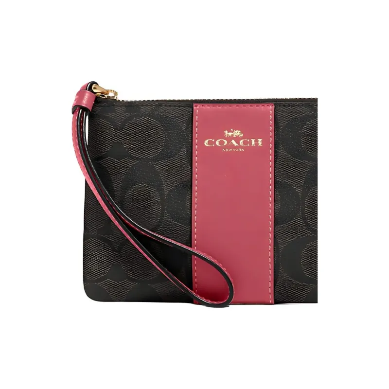 COACH Corner Zip Canvas With Leather Card Holder Small Size Women's Strawberry Red/Khaki-3