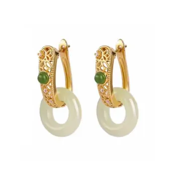 Heng Tai Jewelry Hetian Jade Earrings Pale Greenish White Jade Women's