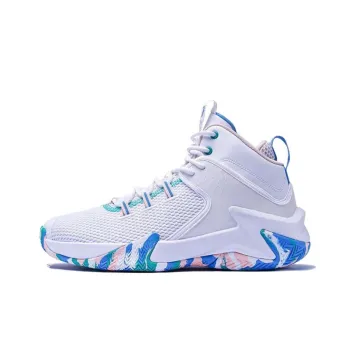 QIAODAN Wear Resistant Breathable Slip Resistant High Top Basketball Shoes Men's White Blue Pink
