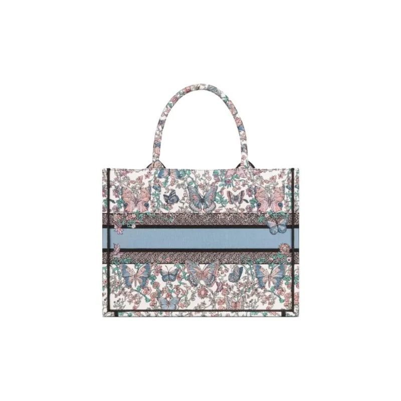 DIOR Cotton Tote Bag, Shopping Bag, Handbag Medium Size Women's White & Blue-2