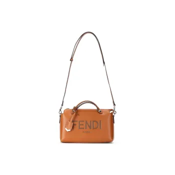FENDI Calfskin Boston Bag, One Shoulder Handbag Medium Size Women's Yellow Brown