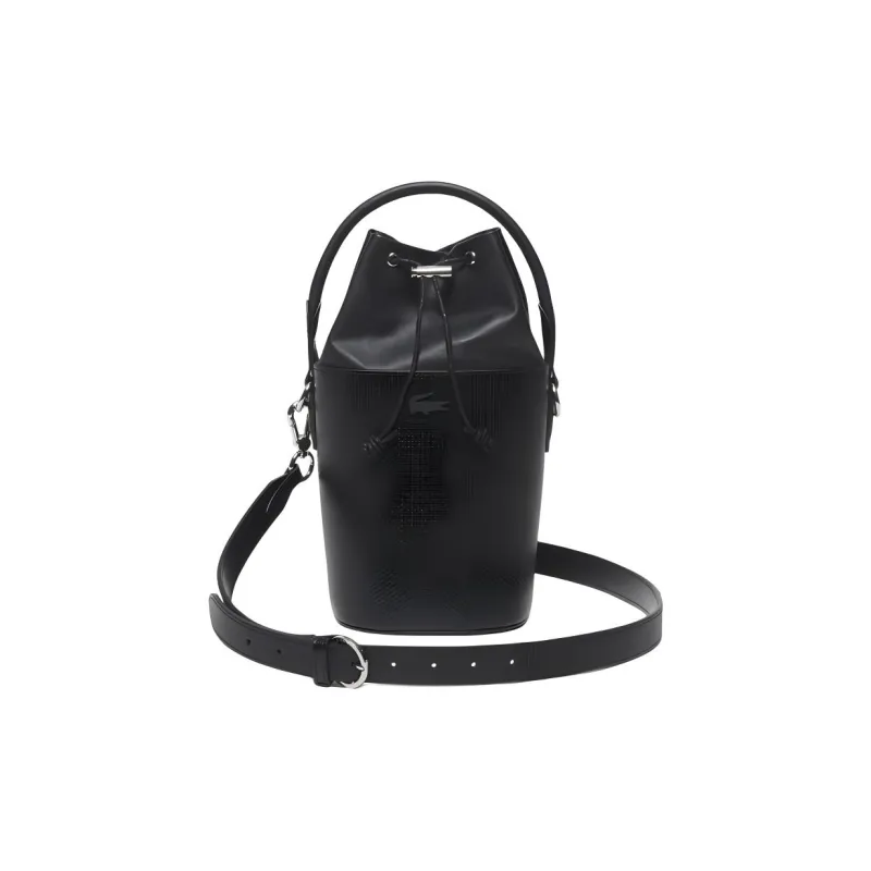 LACOSTE Cow Leather Bucket Bags Shoulder Bag Crossbody Bag Handbag Medium Size Women's Black-2