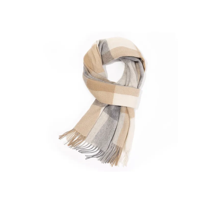 Shanghai Story 100% Cashmere Knit Scarves Unisex Beige And Orange Check Gift Box Set-64